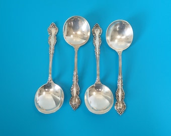 Antique Sterling Silver Warwick Gumbo Soup Spoons by International Silver. Set of 4.