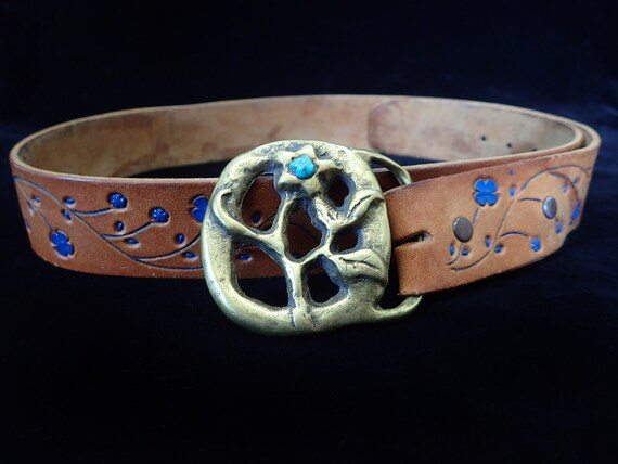 Vintage Trinity Brass Rose Belt Buckle With Turquoise Stone 