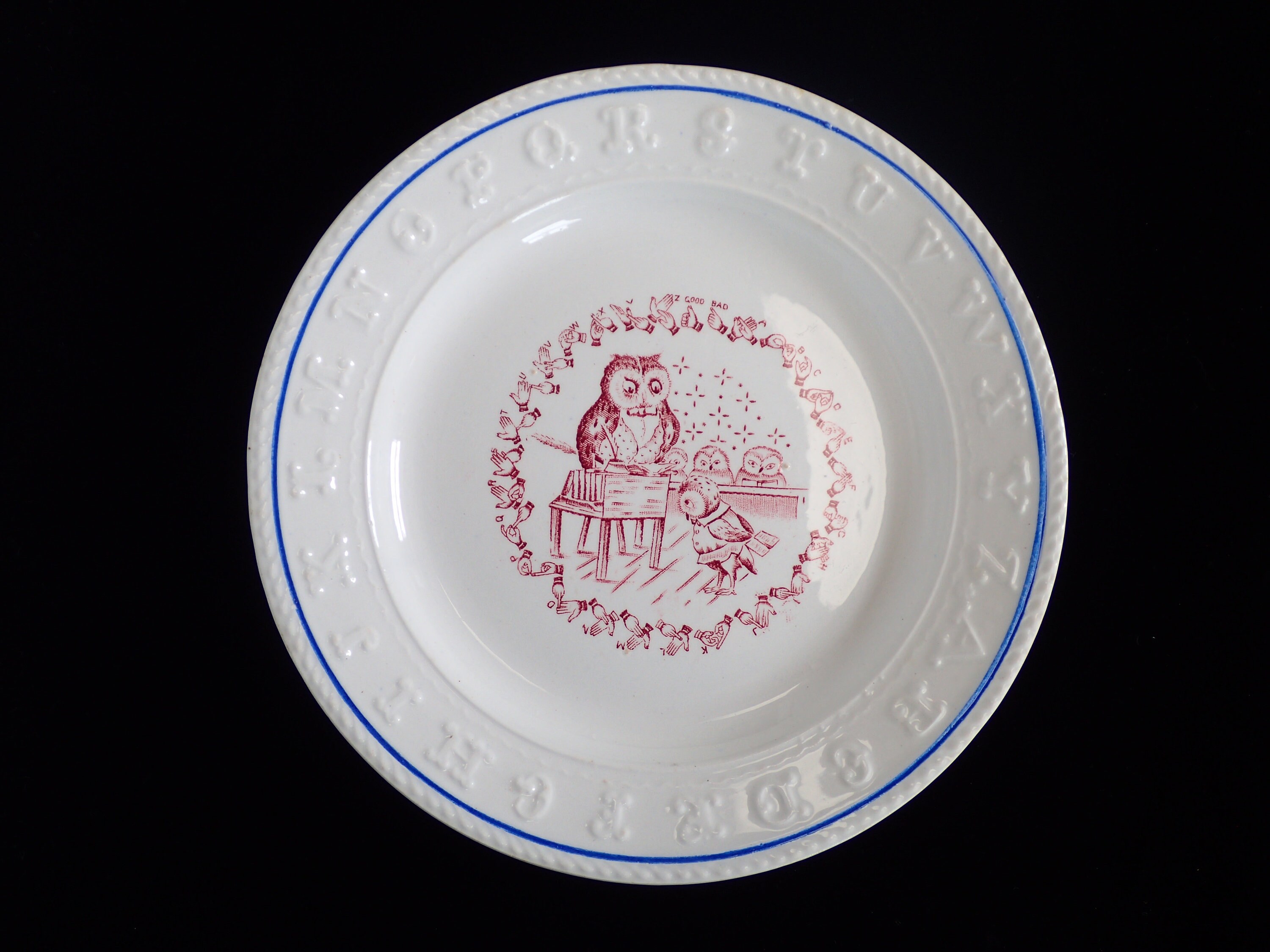 Antique ABC plate with Sign language and owls. By H. Aynsley & Co.