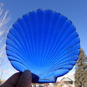 May include: A cobalt blue glass seashell dish. The dish is shaped like a scallop shell with a textured surface.