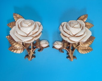 Vintage pair of Homco / Syroco White Rose Gold Tone Leaf Wall Plaques