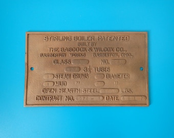 Antique Babcock & Wilcox Co. Stirling Boiler Brass Plaque 1917