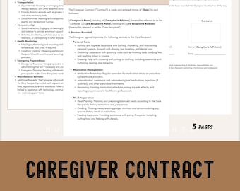 May include: A brown and white contract with the title "Caregiver Contract" in large, bold, black letters. The contract outlines the responsibilities of a caregiver and the care recipient. The contract is divided into sections with headings such as "Housekeeping", "Transportation", "Companionship", "Health Monitoring", "Emergency Preparedness", "Medication Management", "Meal Preparation", and "Severability".