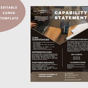 以下が含まれることがあります： 茶色と白のデザインのビジネス能力ステートメントテンプレート。「能力ステートメント」、「コアコンピテンシー」、「会社概要」、「主要顧客」などのテキストが含まれています。「編集可能なCanvaテンプレート」という言葉が左上にあります。