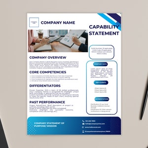 Peut inclure: Un modèle de déclaration de capacité d'entreprise bleu et blanc avec un schéma de couleurs bleu et blanc. Le document comprend des sections pour la présentation de l'entreprise, les compétences clés, les différenciateurs, les performances passées, les données de l'entreprise, les clients clés et les accréditations. Le document comprend également les coordonnées de l'entreprise.
