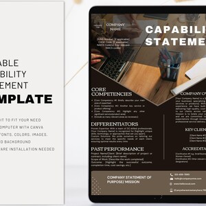 以下が含まれることがあります： タブレット上の編集可能な能力ステートメントテンプレート。デザインは、濃い茶色と白の配色です。テンプレートには、コアコンピテンシー、差別化要因、過去のパフォーマンスのセクションが含まれています。テキストは「EDITABLE CAPABILITY STATEMENT TEMPLATE」と表示されています。