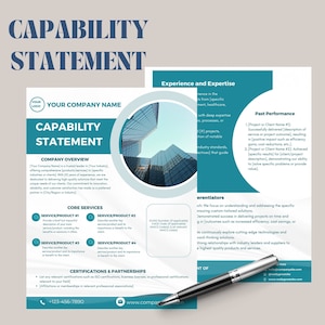 May include: A blue and white capability statement template with a city skyline graphic. The document includes sections for company overview, core services, certifications and partnerships, experience and expertise, and past performance.