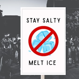 May include: A white sign with the words "STAY SALTY" above a red circle with a blue ice cube graphic crossed out, and the words "MELT ICE" below. The sign is held up in a crowd of people.