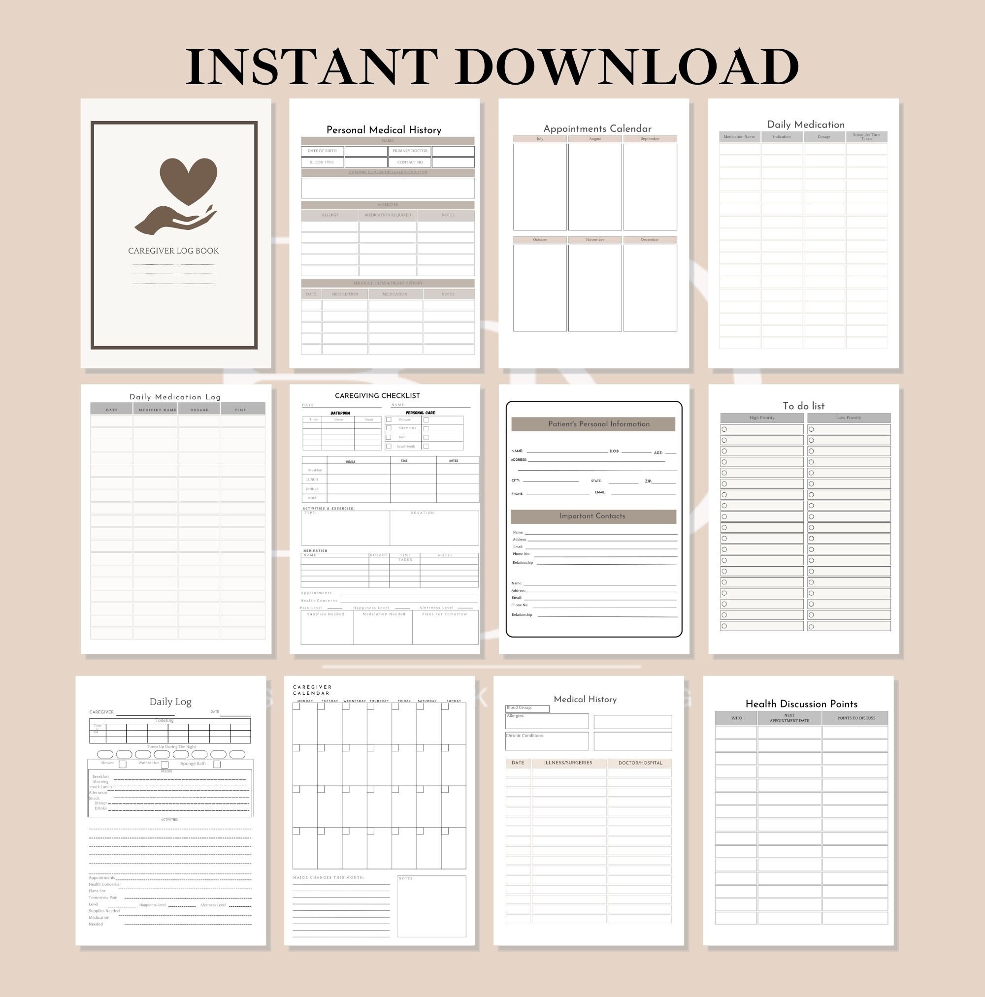 Printable Caregiver Logbook: Medical Binder &amp; Daily Checklist (PDF) - Etsy