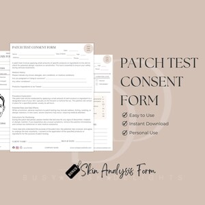 May include: A printable patch test consent form with a pink background. The form includes sections for client information, medical history, product ingredients to be tested, and a procedure explanation. The form also includes a section for the client to sign and date.