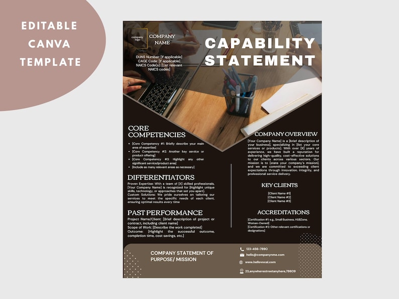 以下が含まれることがあります： 茶色と白のデザインのビジネス能力ステートメントテンプレート。「能力ステートメント」、「コアコンピテンシー」、「会社概要」、「主要顧客」などのテキストが含まれています。「編集可能なCanvaテンプレート」という言葉が左上にあります。