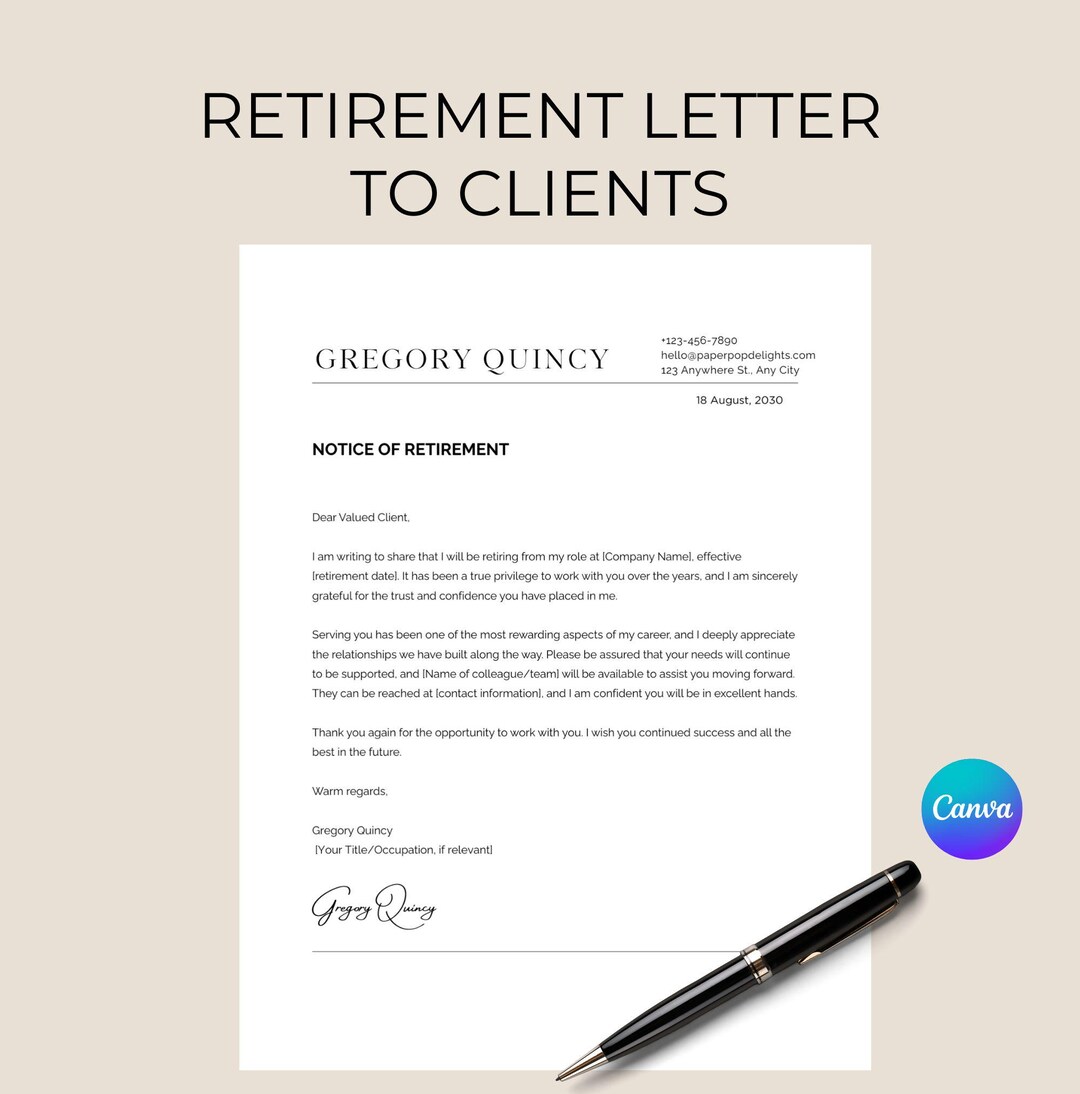 Retirement Letter to Clients | Retirement Notice Template (digital ...