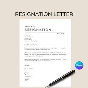 Peut inclure: Un modèle de lettre de démission formelle avec le titre "RESIGNATION LETTER" en haut. Le document comprend des sections pour le nom du destinataire, le poste et les coordonnées de l'entreprise. Un stylo noir repose dans le coin inférieur droit.