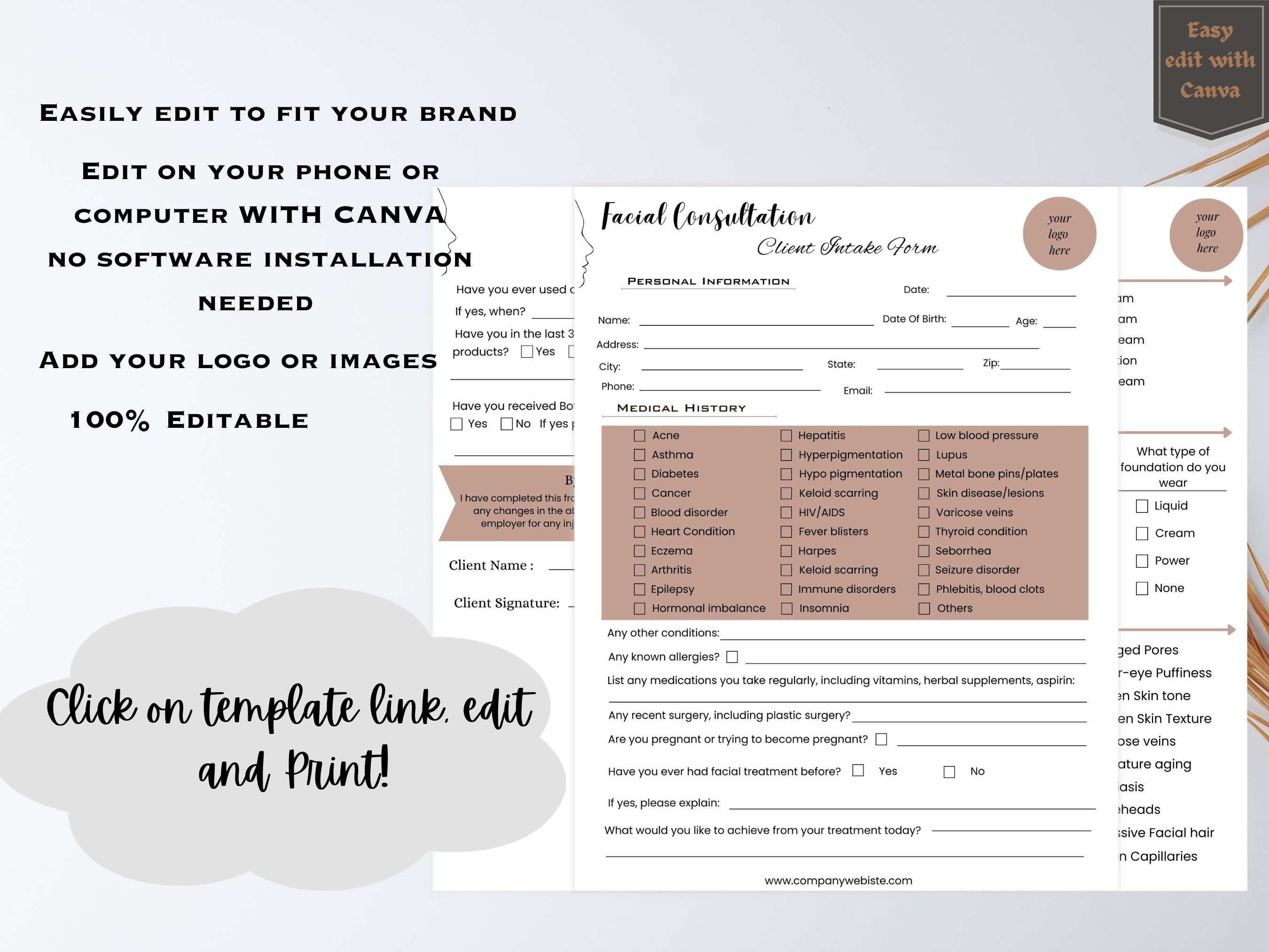 Esthetician client intake form template editable esthetician forms
