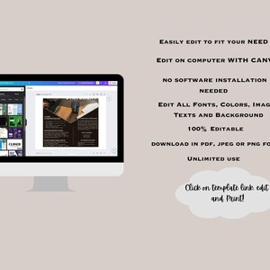 以下が含まれることがあります： コンピューターモニターには、濃い茶色と白のデザインのCanvaテンプレートが表示されています。画面上のテキストには「EASILY EDIT TO FIT YOUR NEED」と「EDIT ON COMPUTER WITH CANVA」が含まれています。画面右側の追加テキストには「100% EDITABLE」が含まれています。