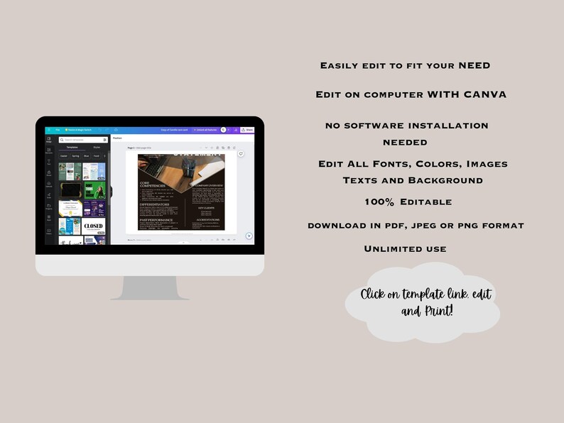 以下が含まれることがあります： コンピューターモニターには、濃い茶色と白のデザインのCanvaテンプレートが表示されています。画面上のテキストには「EASILY EDIT TO FIT YOUR NEED」と「EDIT ON COMPUTER WITH CANVA」が含まれています。画面右側の追加テキストには「100% EDITABLE」が含まれています。