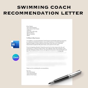Carta de recomendación para estudiante de entrenador de natación, uso para becas/admisión/carrera, carta de recomendación para nadador, Canva y Word