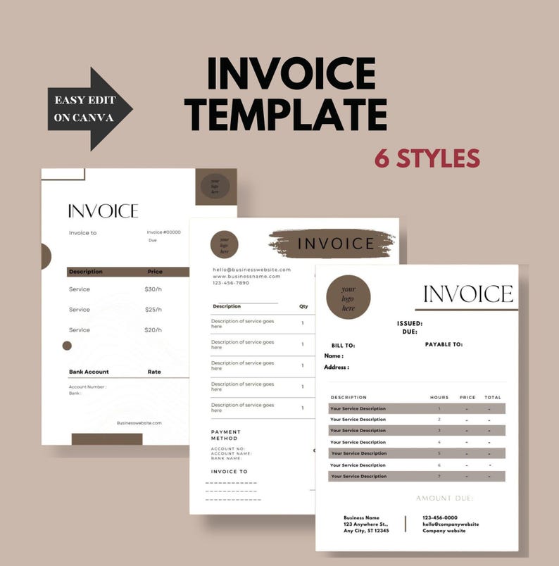Editable Invoice Template for Small Business, Canva Design - Etsy