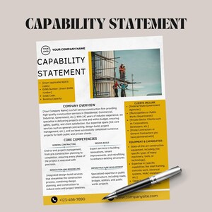 May include: A business capability statement on a white and yellow background, with text and a construction site image. The document includes sections for company overview, core competencies, and client information. A silver pen rests on the document.