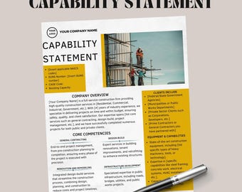 Capability Statement for construction company,  Editable Business Capability Statement, Government Contracting Marketing , Company Overview