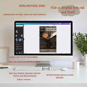 以下が含まれることがあります： コンピューターモニターには、「CAPABILITY STATEMENT」のテンプレートが表示されています。画面の前には、白いキーボード、マウス、コーヒーカップがあります。画面上のテキストには、「UNLIMITED USE」、「DOWNLOAD IN PDF, JPEG OR PNG FORMAT」、「EDIT ON COMPUTER WITH CANVA」が含まれています。右側には、白い花瓶に入った小さな植物があります。