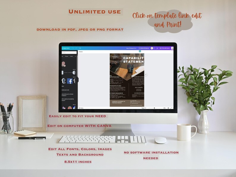以下が含まれることがあります： コンピューターモニターには、「CAPABILITY STATEMENT」のテンプレートが表示されています。画面の前には、白いキーボード、マウス、コーヒーカップがあります。画面上のテキストには、「UNLIMITED USE」、「DOWNLOAD IN PDF, JPEG OR PNG FORMAT」、「EDIT ON COMPUTER WITH CANVA」が含まれています。右側には、白い花瓶に入った小さな植物があります。