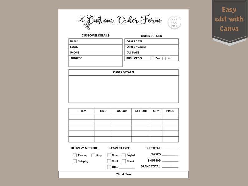 Custom Order Form Template, Editable Order Form, Craft Order Form ...