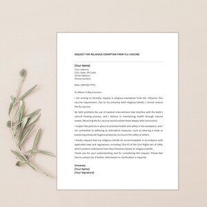 May include: A printable form for requesting a religious exemption from the influenza vaccine. The form includes fields for the requester's name, address, email, phone number, and date. The form also includes a section for the requester to explain their religious beliefs and a section for their signature.