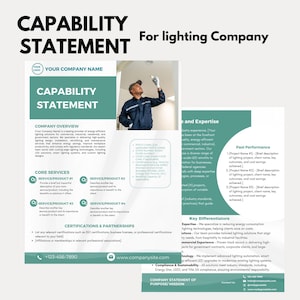 Op de afbeelding: Een groene en witte capability statement voor een verlichtingsbedrijf. De verklaring omvat een ​​bedrijfsomschrijving, kerndiensten, certificeringen en partnerschappen, ervaring en expertise, eerdere prestaties, belangrijke differentiatoren, naleving en duurzaamheid, en een bedrijfsmissie- en doelstellingsverklaring.