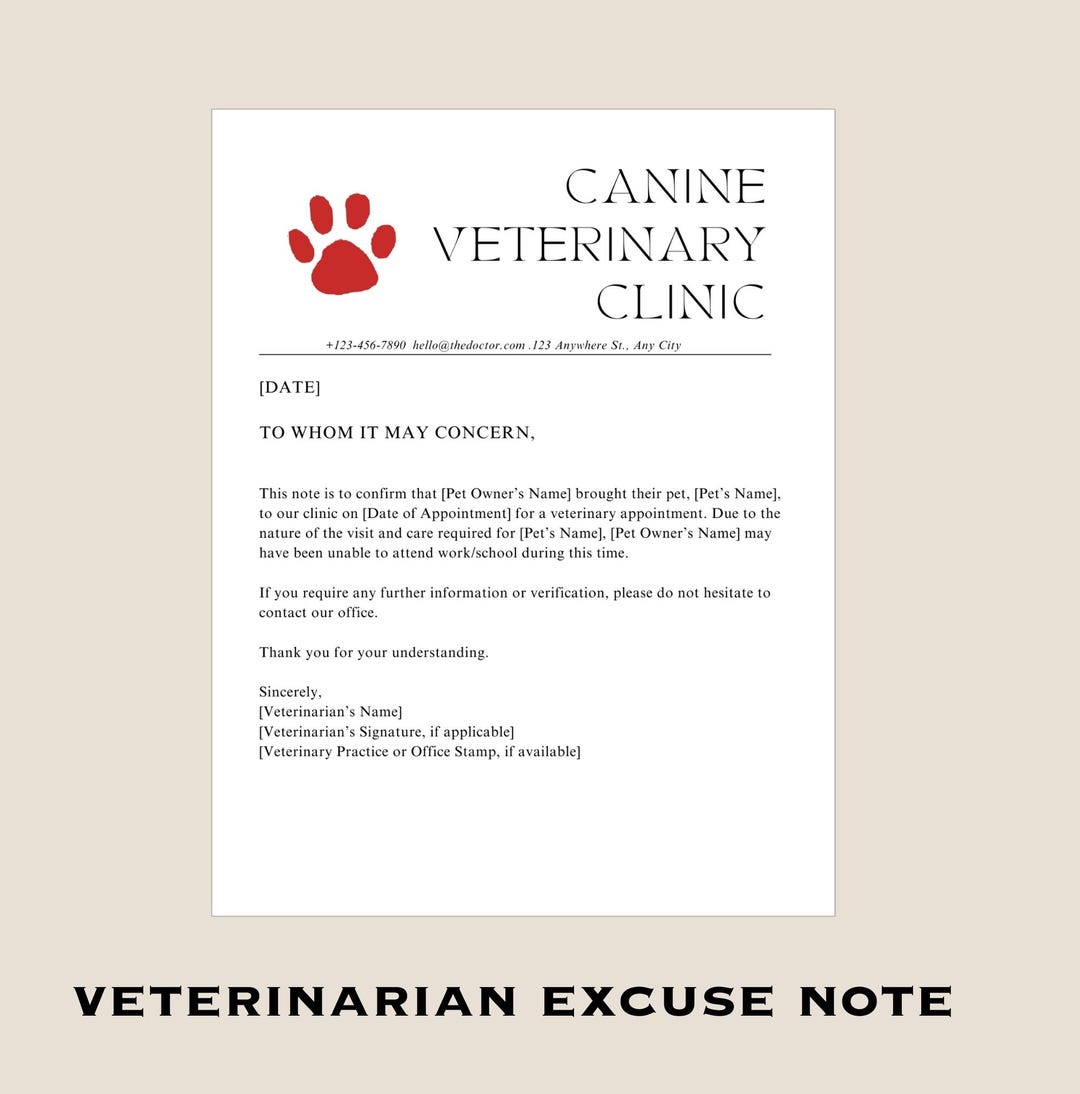 Vet Note For Work Veterinarian Excuse Note: Editable Medical Letter (PDF) - Etsy