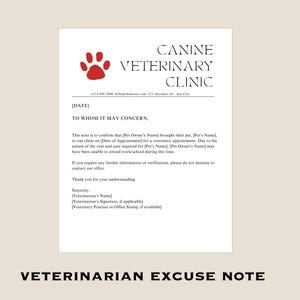Nota de excusa del veterinario para el dueño de la mascota, excusa médica, PDF editable para licencia por enfermedad y ausencia escolar,
