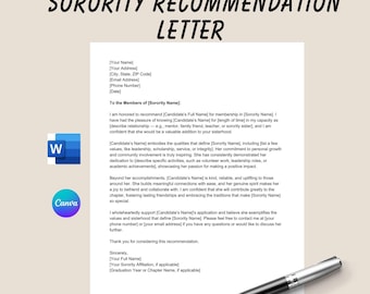 Sorority Recommendation Letter Template: Canva & Word (Digital Download)