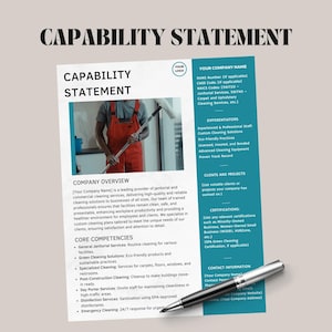 Op de afbeelding: Een capability statement voor een schoonmaakbedrijf. Het document bevat informatie over de diensten van het bedrijf, zijn differentiatoren, zijn klanten, zijn certificeringen en zijn contactgegevens. Het document bevat ook een foto van een persoon die een raam schoonmaakt.