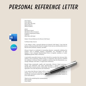 Plantilla de carta de referencia personal, documento de Word editable y plantilla de Canva, recomendación profesional, solicitud de empleo y universidad personalizable
