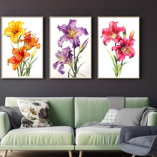 Watercolor Daylily Wall Art Prints (Set of 3), Printable Download, Yellow/Orange, Purple, Red/Pink Floral Art, Summer Garden Decor