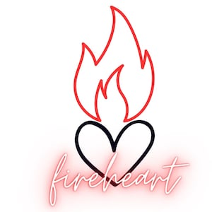 May include: A black heart with a red flame on top. The text "fireheart" is written below the heart in a white neon style.