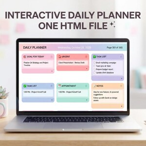 May include: A laptop screen displays an interactive daily planner in one HTML file. The interface features pastel-coloured sections for goals, urgent tasks, task lists, appointments, and notes, with the text "INTERACTIVE DAILY PLANNER ONE HTML FILE" above.