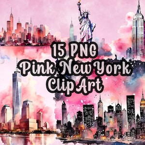 Clip Art New York aquarel landschap 300DPI transparante achtergrond gratis commercieel gebruik clipart png roze illustratie hoge kwaliteit bundel