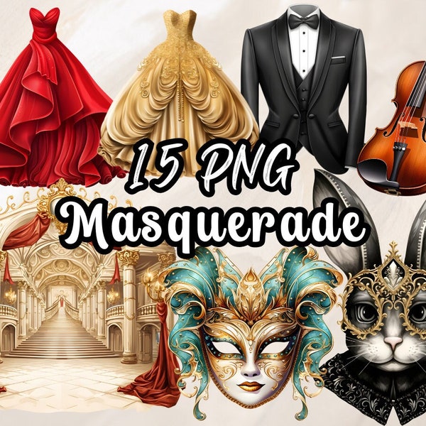 Clip Art Masquerade Ball, graphic design, png elements seamless, party, elegant decor, dyi invitation cards ,dance illustrations