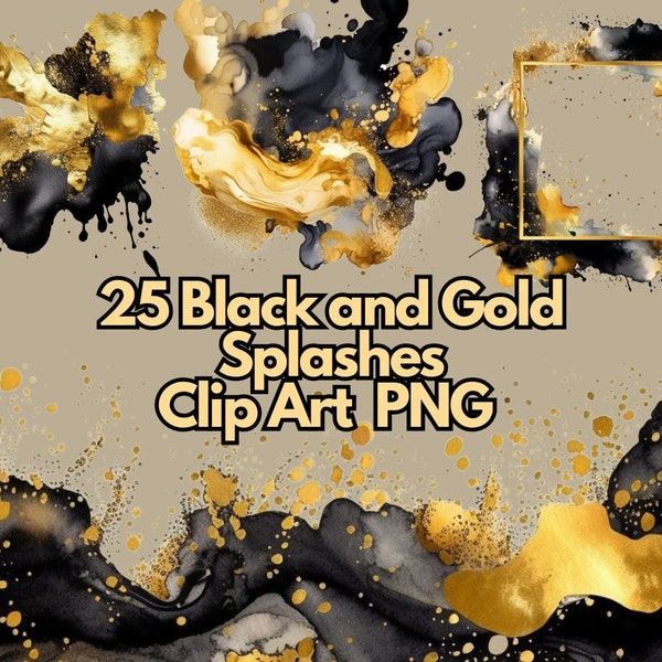 Black and Gold Clip Art Bundle - PNG Transparent Background, Commercial Use Frames, Borders, and Splashes - Elegant Design Elements