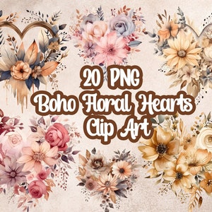 Acuarela Clipart Boho Floral Corazones 300DPI Fondo Transparente Libre Uso Comercial Flores Beige Silenciado Marrón Rosa Clip Art png boho