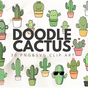 Adorable conjunto de imágenes prediseñadas de cactus: formatos PNG y SVG, diseños Chibi y Kawaii, dibujos simples, elementos suculentos, garabatos, pegatinas