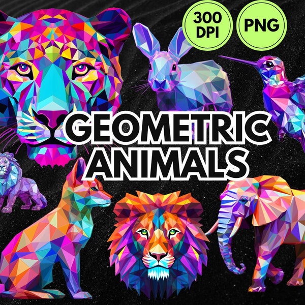 Clip Art Animals Geometric Abstract rainbow color clipart elements lion tiger polygon animal clip art bundle for sublimation shirt design