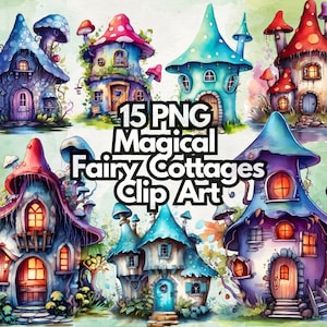 Watercolor Fairy Cottages Clip art, Fantasy Houses, Gnomes, Cute pictures for cards, 300DPI Png, Scrapbooking, junk journaling elements