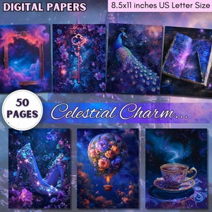 Páginas de Scrapbooking Celestial - Paquete de papeles de kit de diario basura imprimible en azul y púrpura, tamaño de carta de EE. UU., medios mixtos, imprimibles cósmicos