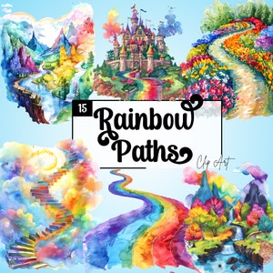 ClipArt del percorso arcobaleno dell'acquerello, illustrazione di paesaggi colorati, natura vibrante, immagini luminose dell'arcobaleno, grafica vivida della strada dell'arcobaleno