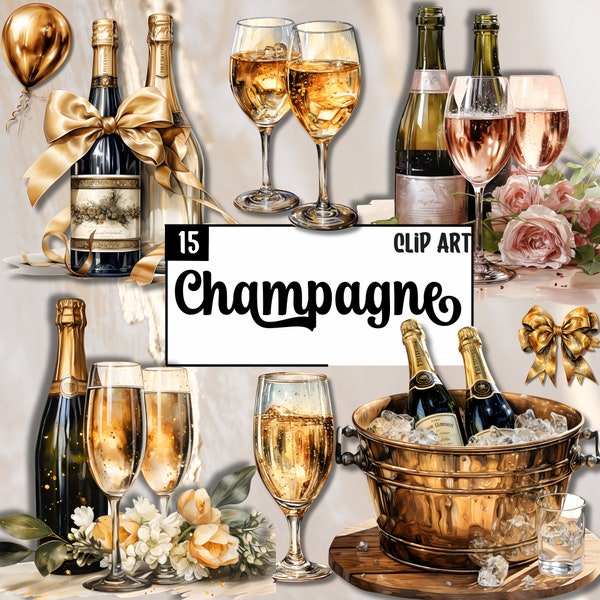 Champagne Watercolor Premium Clip Art Set - 300dpi Sparkling Wine Drink Graphics, Transparent PNGs, Cocktail Beverage Bottle Design Element