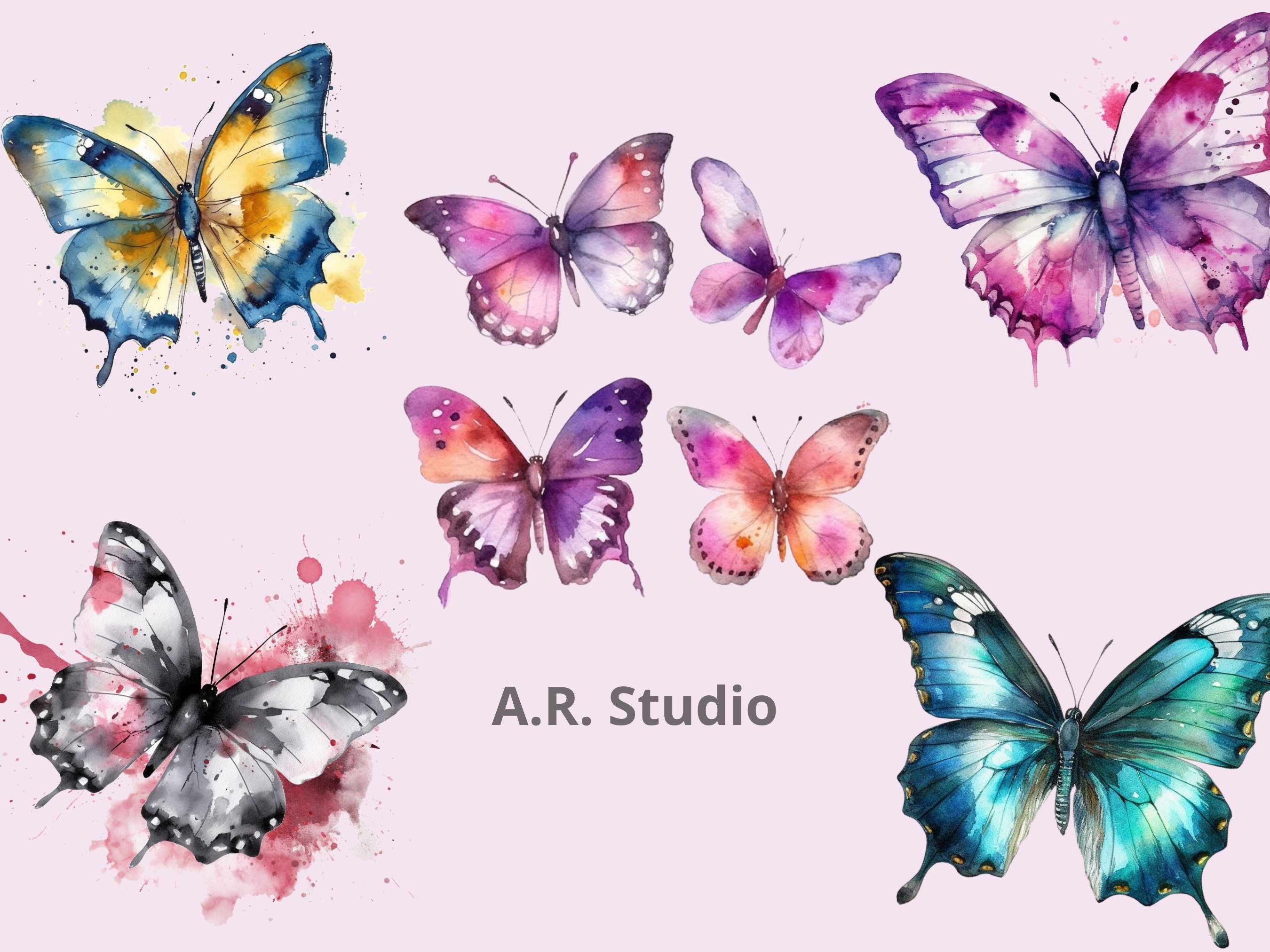 Clip Art Watercolor Butterflies Clipart Nature Transparent - Etsy