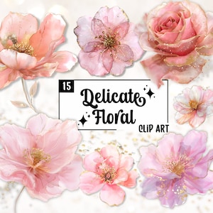 Clip Art roze en gouden bloemen, gratis commercieel gebruik, levendige bloemenafbeeldingen voor kaarten, plakboek, uitnodigingen clipart van pastelbloemen
