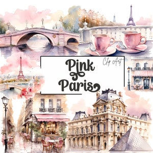 15 Aquarell Clip Art Paris Stadt, Patisserie, Paris Cafe, Frankreich Clip Art, rosa Clip Art für Karten, Einladungen, PNG Grafiken